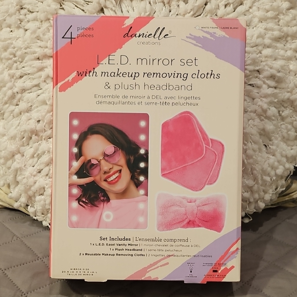 Danielle Creations Pink L.E.D. Mirror Set with Makeup Removing Cloths & Headband